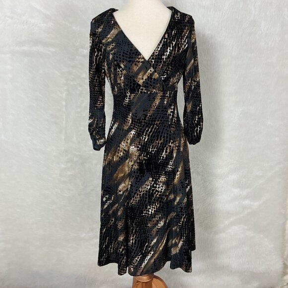 Vintage 90s Alberto Makali Shawl Collar Velvet Snake Brown Black Midi Dress 8 - Picture 1 of 8